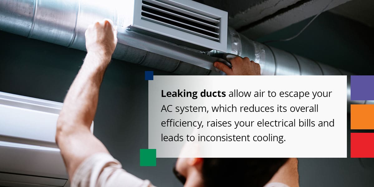 Leaking ducts allow air to escape your AC system, which reduces its overall efficiency, raises your electrical bills and leads to inconsistent cooling.